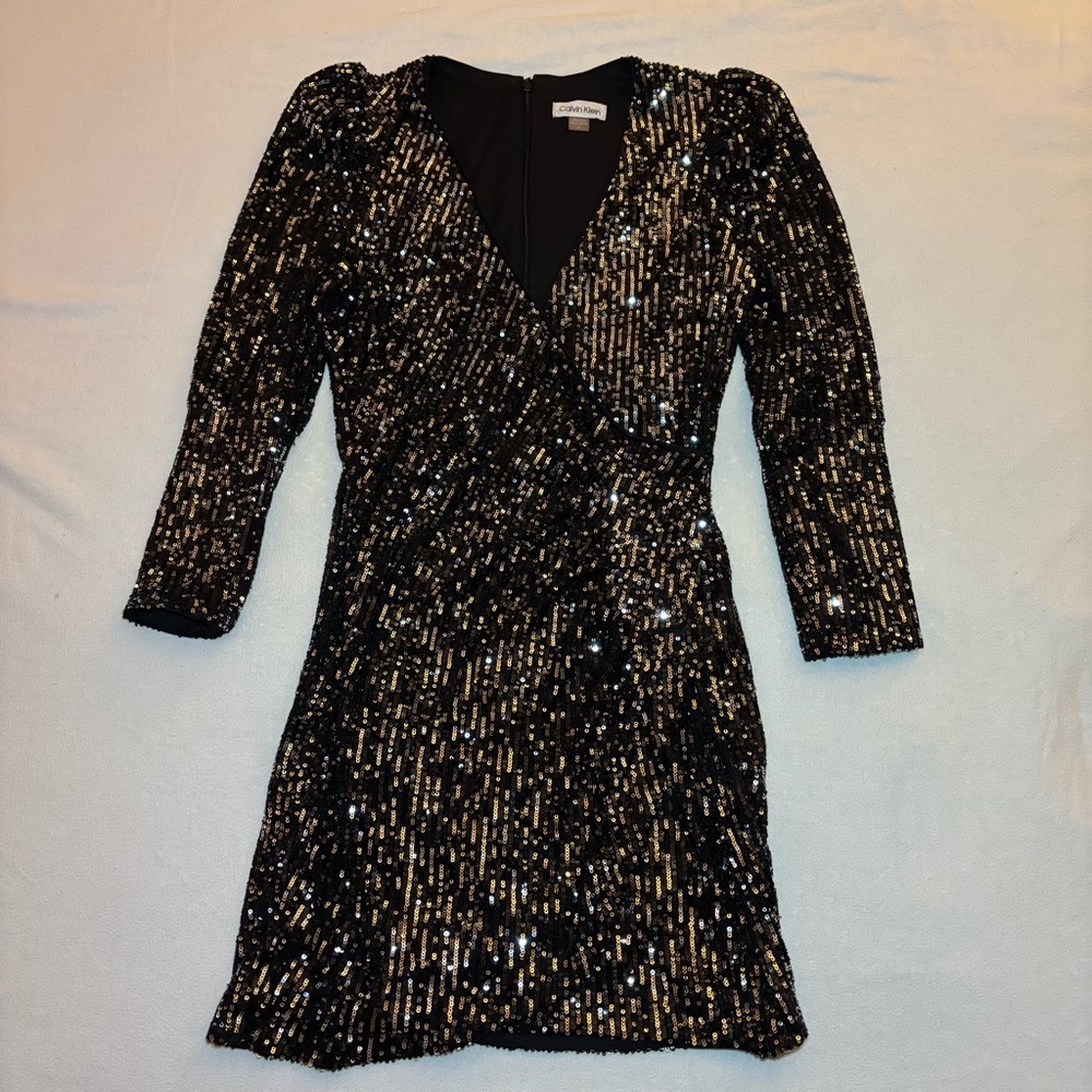Calvin Klein Women's 3/4 Sleeve Lined Sequin Sheath Dress Black 6 Vegas New Year